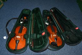 TWO CASED STENTOR STUDENT ST CHILD'S VIOLINS AND BOWS, one 45.5cm overall length, the other 43cm