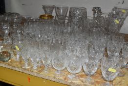 A QUANTITY OF CUT CRYSTAL AND GLASSWARE, comprising a Georgian Crystal basket, two decanters,