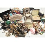 A BOX OF ASSORTED COSTUME JEWELLERY AND OTHER ITEMS, to include various beaded necklaces, bracelets,
