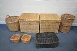 A SELECTION OF WICKER BASKETS, to include two lidded baskets, a cylindrical log basket, a