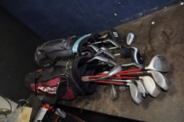 TWO GOLF BAGS CONTAINING MIZUNA, DUNLOP AND PINSEEKER CLUBS including MCZ six irons, a putter and