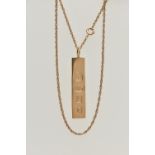 A 9CT GOLD INGOT PENDANT AND CHAIN, rectangular ingot hallmarked 9ct London 1977, fitted with a jump