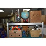 ASSORTED TABLE LAMPS, TWO WOODEN CRATES, A METAL COCA COLA WASTE PAPER PIN, ARTIFICIAL CHRISTMAS