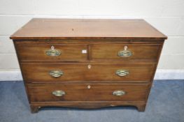 A GEORGIAN MAHOGANY AND CROSSBANDED CHEST OF TWO SHORT OVER TWO LONG DRAWERS, brushing slide, with