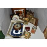 A GROUP OF CLOCKS AND BAROMETERS, to include nine mantel, desk, wall and alarm clocks, a free