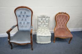 A MODERN BLUE UPHOLSTERED OPEN ARMCHAIR, a Victorian style spoon back chair and a bedroom chair (