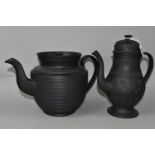 A LARGE BLACK BASALT TEAPOT AND COFFEE POT, no backstamp, possibly Wedgwood, the coffee pot