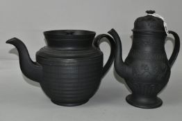 A LARGE BLACK BASALT TEAPOT AND COFFEE POT, no backstamp, possibly Wedgwood, the coffee pot
