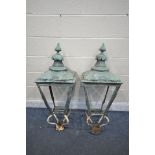 A PAIR OF VINTAGE ALUMINIUM SQUARE TAPERED LANTERNS, both marked W Parkinson & Co, 41cm squared x