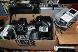 A BOX OF PHOTOGRAPHIC EQUIPMENT ETC, to include a boxed Fuji X20 digital camera with leather