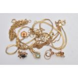AN ASSORTMENT OF 9CT GOLD AND YELLOW METAL JEWELLERY, to include an AF fine chain, hallmarked 9ct