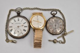TWO POCKET WATCHES AND A WRIST WATCH, the first an open face pocket watch signed 'Kendal & Dent