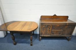 AN EARLY 20TH CENTURY OAK DRAW LEAF TABLE, with rounded ends, extended length 176cm x closed