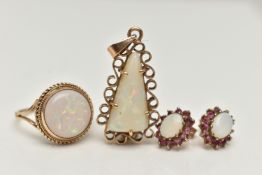 A 9CT GOLD OPAL RING, PENDANT AND EARRINGS, the ring collet set with a circular opal cabochon,