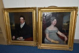 TWO EARLY 19TH CENTURY ENGLISH SCHOOL PORTRAITS, the first depicts a seated half-length study of a