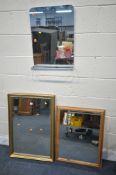 A GILT FRAMED BEVELLED EDGE WALL MIRROR, and two other mirrors (condition report: -missing glass