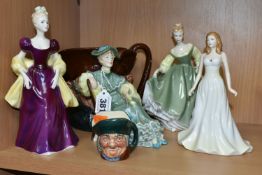 A GROUP OF ROYAL DOULTON FIGURINES AND CHARACTER JUGS, comprising four figurines: Ascot HN2356 (