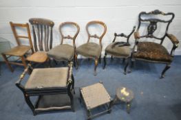 A SELECTION OF PERIOD CHAIRS, to include an Edwardian Ebonised open armchair, five other chairs,