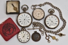 FOUR POCKET WATCHES, AN ALBERT CHAIN AND A FOB MEDAL, to include a small silver open face pocket