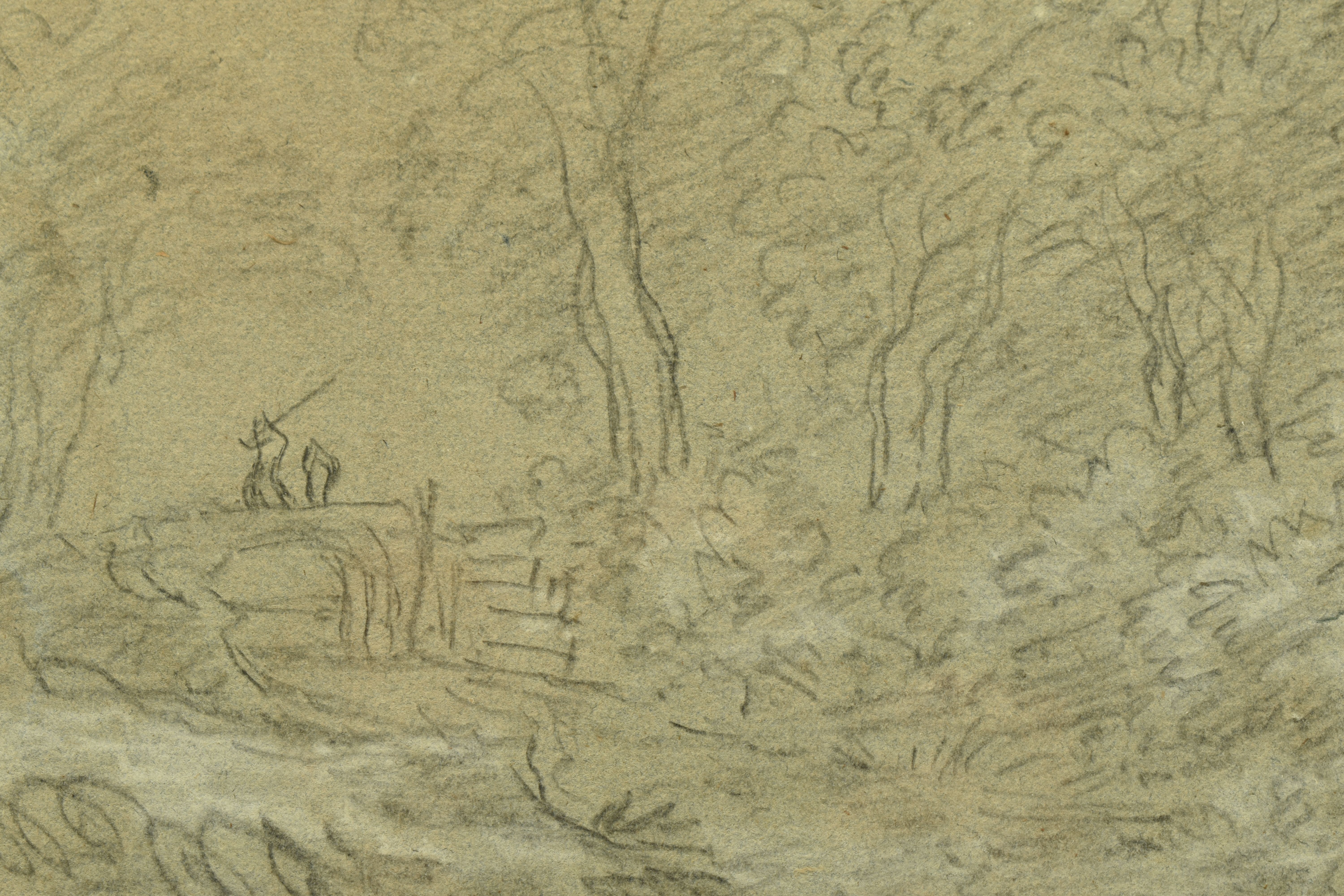 AN 18TH CENTURY ENGLISH SCHOOL LANDSCAPE SKETCH, two figures, one possibly an angler are crossing - Image 3 of 6