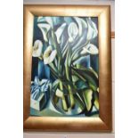 AFTER TAMARA De LEMPICKA, 'ARUMS I', a painted reproduction depicting lilies in a glass bowl,