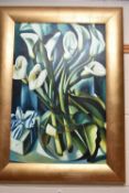 AFTER TAMARA De LEMPICKA, 'ARUMS I', a painted reproduction depicting lilies in a glass bowl,