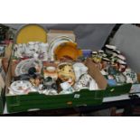 THREE BOXES OF CERAMICS, to include an Aynsley Orchard Gold covered pot and bowl, an Elizabethan