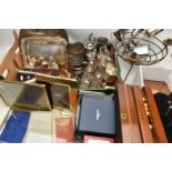 A BOX OF ASSORTED WHITE METAL WARE, to include a silver cigar cutter hallmarked Birmingham, a