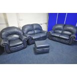 A BLUE LEATHER FOUR PIECE LOUNGE SUITE, comprising two two seater settee's, armchair and a storage