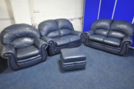 A BLUE LEATHER FOUR PIECE LOUNGE SUITE, comprising two two seater settee's, armchair and a storage