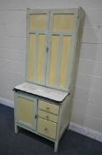 A VINTAGE GREEN PAINTED KITCHEN CABINET, with an enamel slide, width 79cm x depth 60cm x height