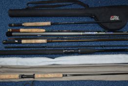 A COLLECTION OF FIVE FISHING RODS, comprising a Fladen 'Eco' 270cm rod, a Fluff Chucker 9' #7/8 rod,