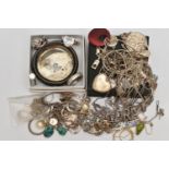 A BAG OF ASSORTED JEWELLERY, to include a tangled yellow metal trace chain with spring clasp stamped