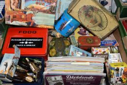 A QUANTITY OF MAINLY VINTAGE PACKAGING AND ADVERTISING EPHEMERA ETC., to include Victory V tin,