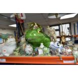 A LARGE QUANTITY OF FROG THEMED CERAMICS AND ORNAMENTS, comprising a pair of metal candle holders,