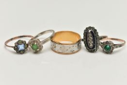FOUR GEM SET RINGS, to include a cluster ring set with a central emerald cut green gem assessed as a