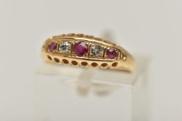 AN EARLY 20TH CENTURY RUBY AND DIAMOND, 18CT GOLD BOAT RING, set with three circular cut rubies,