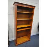 A YEW WOOD OPEN BOOKCASE, with five shelves, width 91cm x depth 39cm x height 194cm (condition