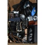 ONE BOX OF VINTAGE CAMERAS, BINOCULARS AND AUDIO EQUIPMENT, to include a Sony Walkman serial No.