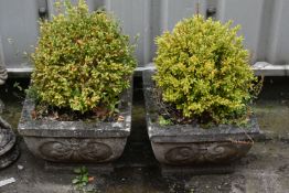 A PAIR OF SQUARE COMPOSIDE GARDEN PLANTERS, 35cm squared x height 25cm (condition - slight chips,