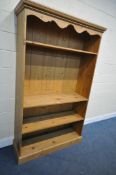 A MODERN PINE OPEN BOOKCASE, with three fixed shelves, width 124cm x depth 42cm x height 204cm (