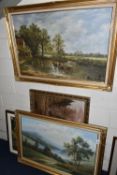 SIX DECORATIVE 20TH CENTURY PAINTINGS, comprising a copy of 'The Hay Wain' after John Constable,