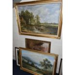 SIX DECORATIVE 20TH CENTURY PAINTINGS, comprising a copy of 'The Hay Wain' after John Constable,