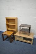 A MID CENTURY G PLAN NEST OF THREE TABLES, along with a beech finish coffee table, pine effect