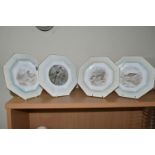 FOUR SPODE PLATES PAINTED WITH BIRDS, each plate of octagonal form, and signed Ken Yates, non-