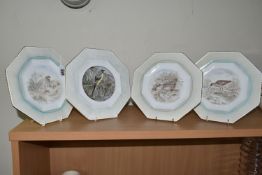 FOUR SPODE PLATES PAINTED WITH BIRDS, each plate of octagonal form, and signed Ken Yates, non-