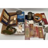 A BOX OF ASSORTED ITEMS, to include a selection of coins, a white metal 'Watkins Bee Meter',