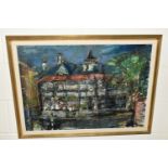 A LATE 20TH CENTURY TOWNSCAPE, depicting an French / French Colonial style building with tree,