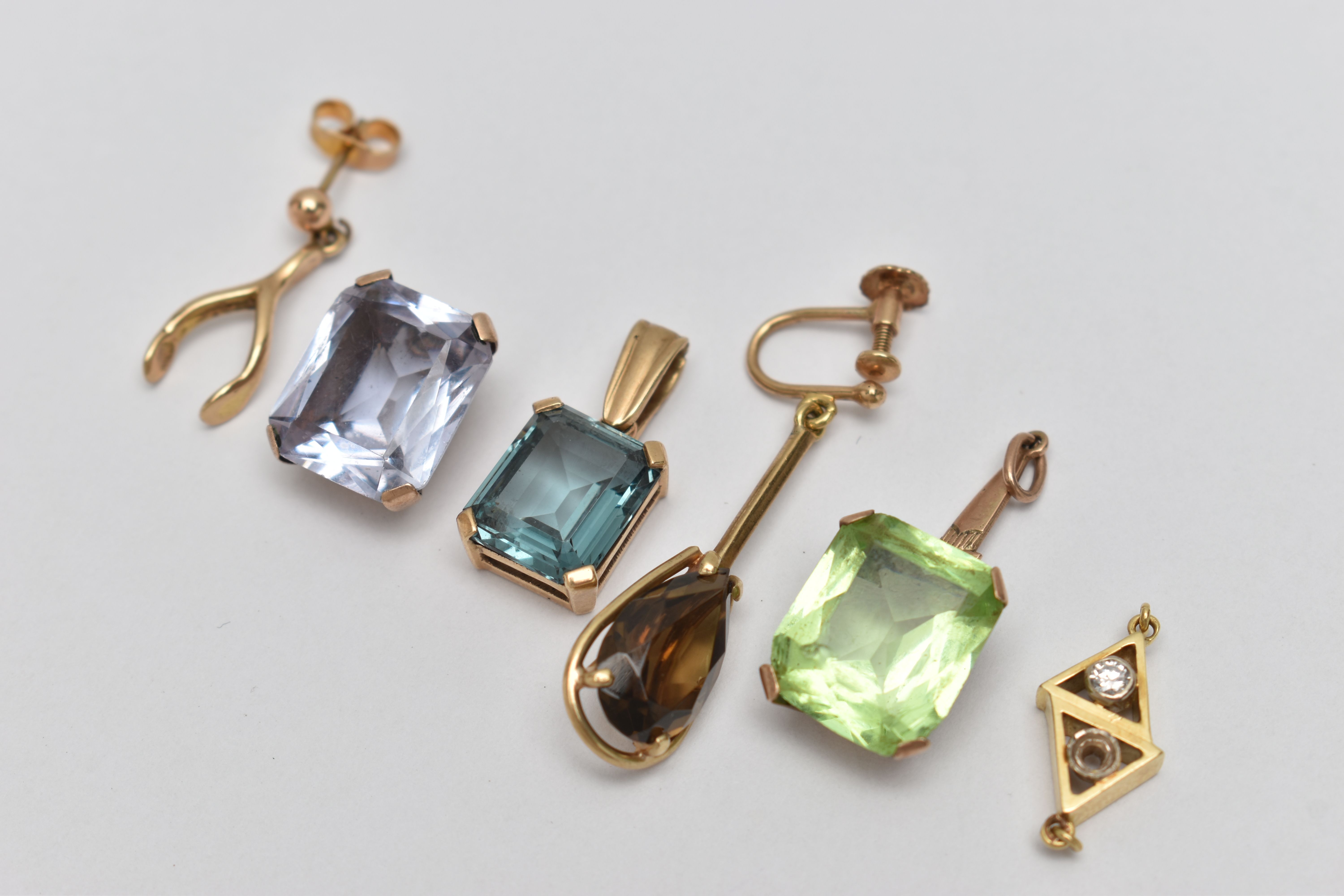 THREE GEM SET PENDANTS, TWO EARRINGS AND A LINK, to include a rectangular topaz pendant, four claw - Image 2 of 3