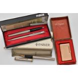 A BOXED S.T. DUPONT GOLD PLATED CIGARETTE LIGHTER, CASED PARKER 45 CIRCLET FOUNTAIN PEN AND